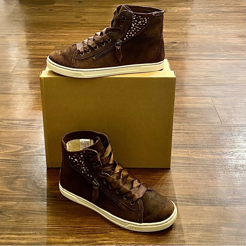 UGG Australia Blaney Crystal High Choc Brown Leather Sneakers - Woman's Size 8